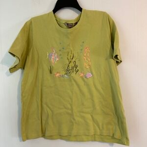 Jane Ashley Woman Lime Green Cotton Sea Life Embroidered Sequin T-Shirt 2X